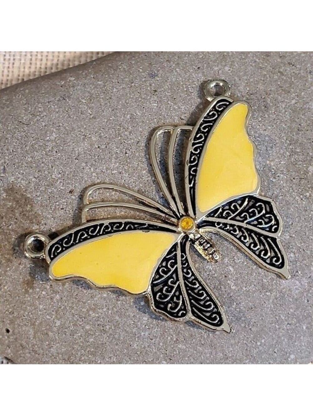 New Vintage 90s Y2K Filigree Butterfly Yellow Enamel Antique Gold 2-Hole Pendant